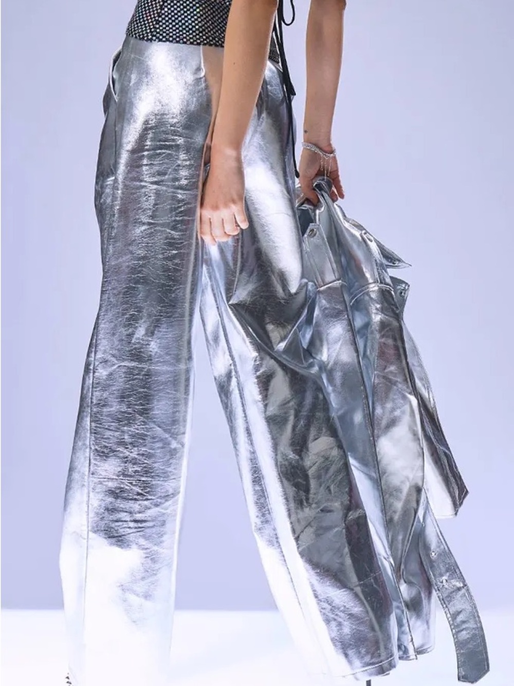 Nasty Gal Metallic Silver Wide-Leg Pants